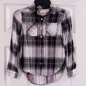 Mudd Girls size 10 Flannel shirt black, white, and gray with pink sparkles